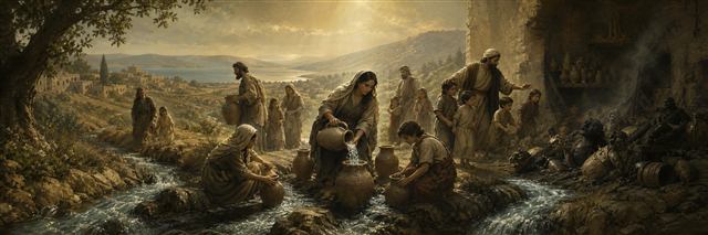 A community gathering clean water from three streams as an abandoned idol workshop stands behind